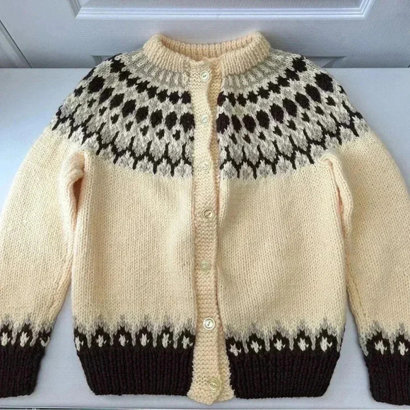 Hand Knit Cardigan Button Up Sweater Fair Isle Yellow and Brown  Size Small - Picture 11 of 13